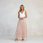 Exclusive Women's Layered Ruffle Mesh Maxi Skirt ? A-Line Tiered Cake Skirt for Party & Summer ? Khaki ? Size S ? Side View