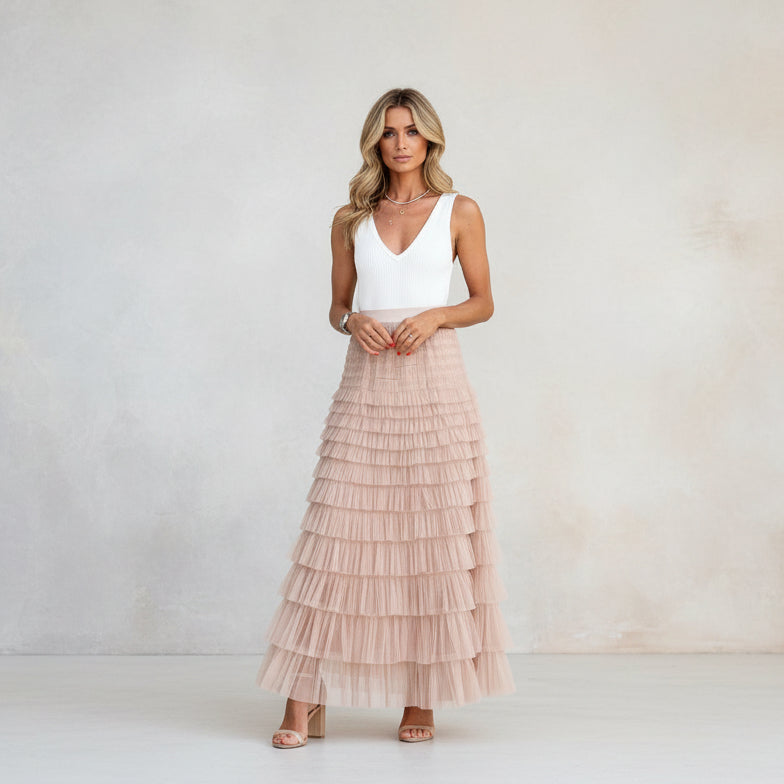 Exclusive Women's Layered Ruffle Mesh Maxi Skirt ? A-Line Tiered Cake Skirt for Party & Summer ? Khaki ? Size S ? Side View