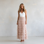 Exclusive Women's Layered Ruffle Mesh Maxi Skirt ? A-Line Tiered Cake Skirt for Party & Summer ? Khaki ? Size S ? Alternate View 15