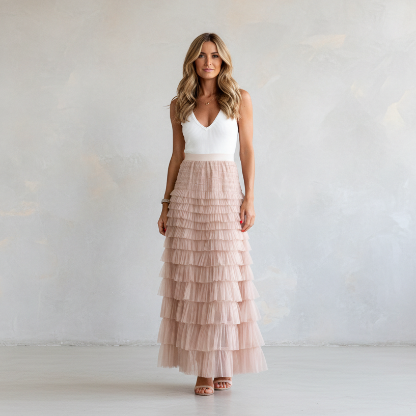 Exclusive Women's Layered Ruffle Mesh Maxi Skirt ? A-Line Tiered Cake Skirt for Party & Summer ? Khaki ? Size S ? Alternate View 15