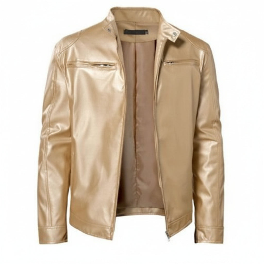 Exclusive Men's PU Leather Jacket ? Zip-Up Cardigan Style with Patch Pockets ? Khaki ? Size S ? Alternate View 13