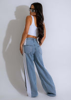 Exclusive High Waist Elastic Waist Straight Leg Trousers — Blue And Black — Size S — Alternate View 15