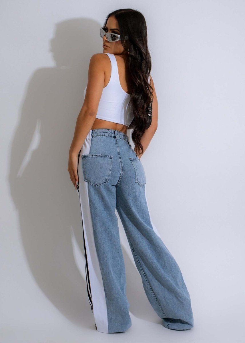Exclusive High Waist Elastic Waist Straight Leg Trousers — Blue And Black — Size S — Alternate View 15