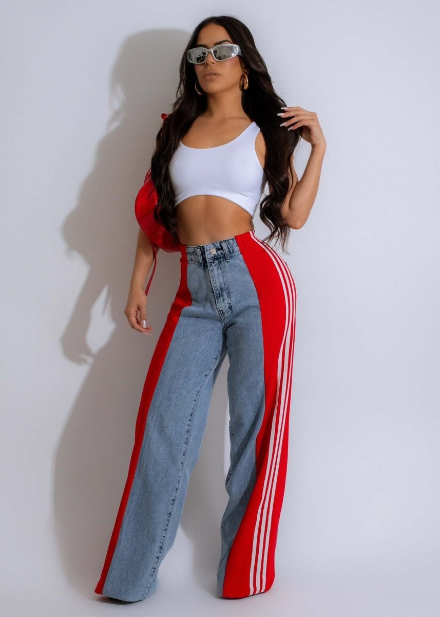 Exclusive High Waist Elastic Waist Straight Leg Trousers — Blue And Black — Size S — Alternate View 16