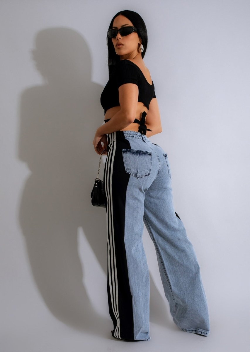 Exclusive High Waist Elastic Waist Straight Leg Trousers — Blue And Black — Size S — Alternate View 17