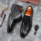 Exclusive Men's Lace-Up Dress Shoes – Pointed Toe Wedge Heel Microfibre Leather — Black — Size 37 — Front View