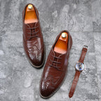 Exclusive Men's Lace-Up Dress Shoes – Pointed Toe Wedge Heel Microfibre Leather — Black — Size 37 — Back View