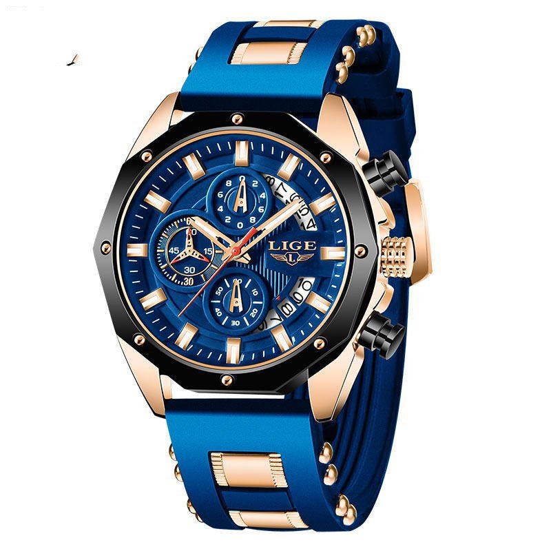 Exclusive Luxury Silicone Sport Watch For Men — Blue — Front View