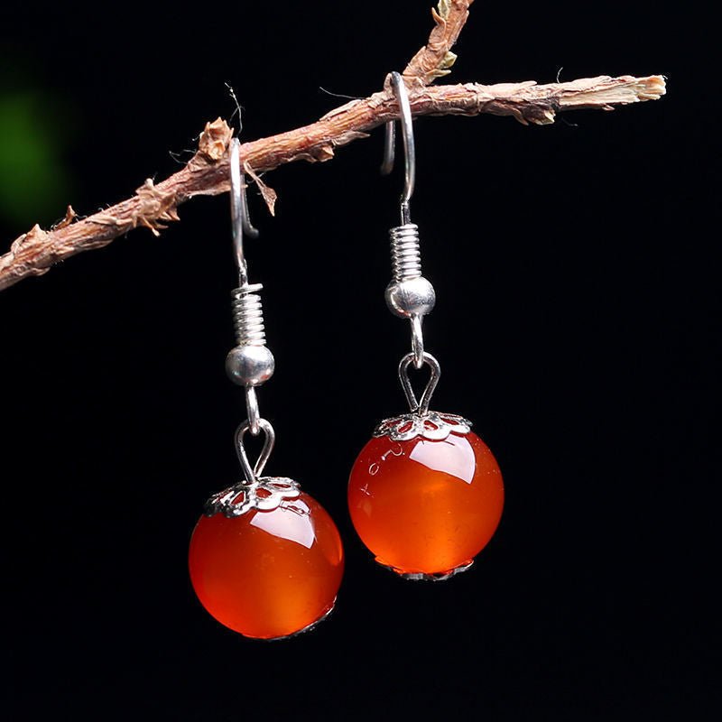 Exclusive Fashion Sterling Silver Agate Earrings — Red — Top View