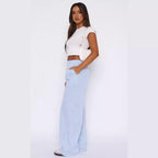Exclusive Fashion Y2K Striped Straight Trousers Summer Elastic High Waist Wide Leg Pants For Women — Blue — Size L — Back View