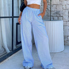 Exclusive Fashion Y2K Striped Straight Trousers Summer Elastic High Waist Wide Leg Pants For Women — Blue — Size L — Front View
