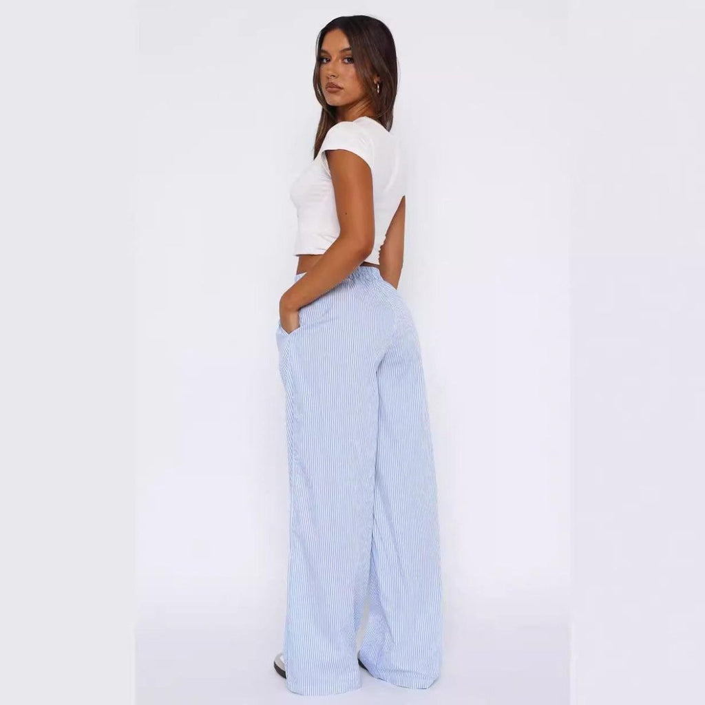 Exclusive Fashion Y2K Striped Straight Trousers Summer Elastic High Waist Wide Leg Pants For Women — Blue — Size L — Top View