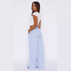 Exclusive Fashion Y2K Striped Straight Trousers Summer Elastic High Waist Wide Leg Pants For Women — Blue — Size L — Top View