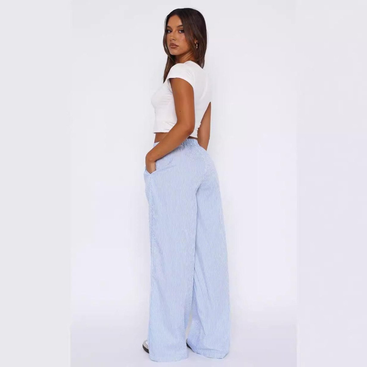 Exclusive Fashion Y2K Striped Straight Trousers Summer Elastic High Waist Wide Leg Pants For Women — Blue — Size L — Top View