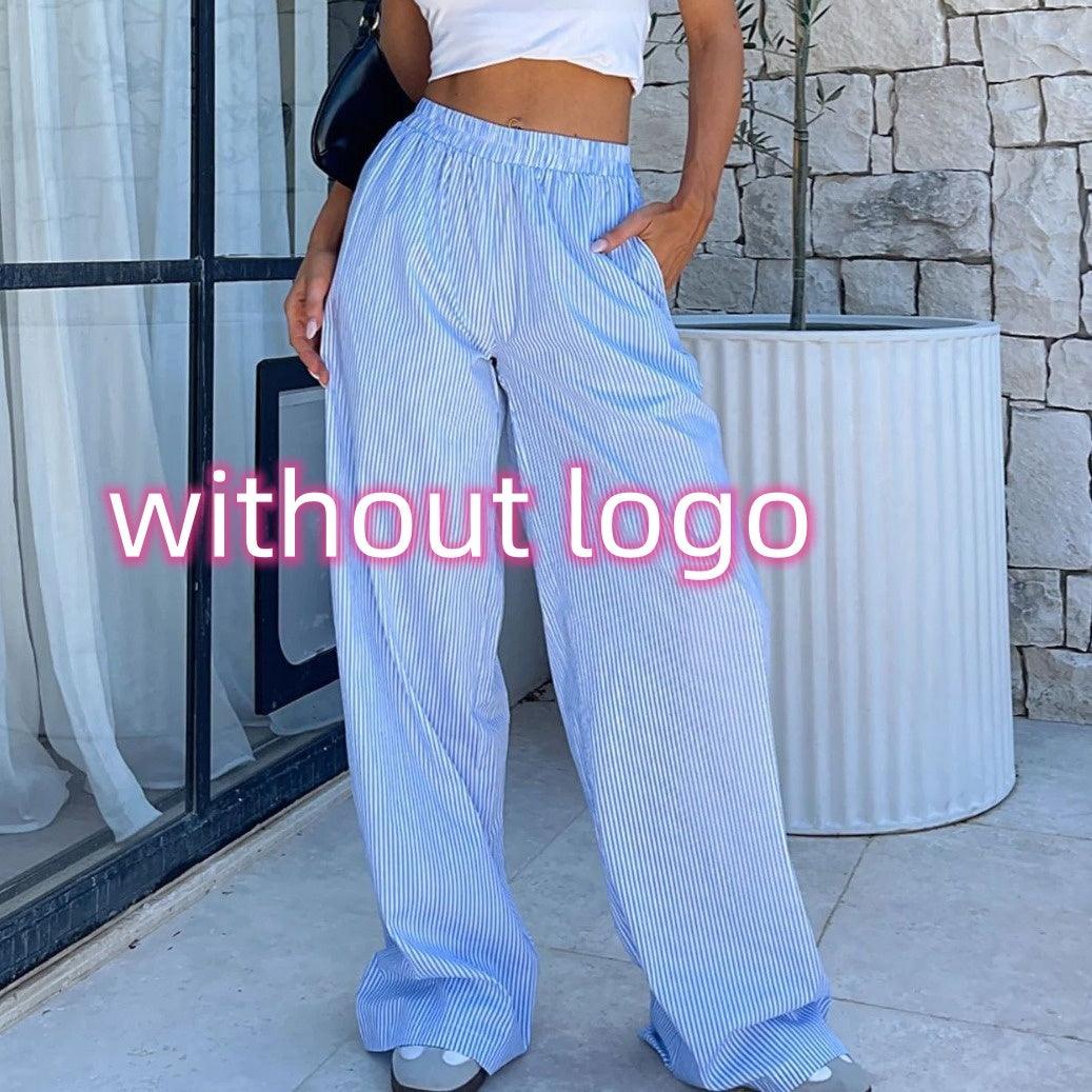 Exclusive Fashion Y2K Striped Straight Trousers Summer Elastic High Waist Wide Leg Pants For Women — Blue — Size L — Alternate View 11