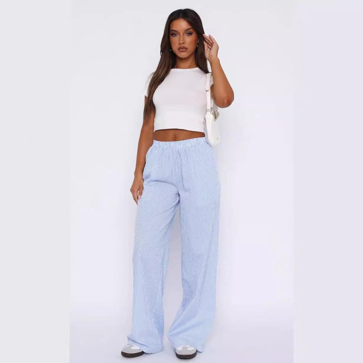 Exclusive Fashion Y2K Striped Straight Trousers Summer Elastic High Waist Wide Leg Pants For Women — Blue — Size L — Detail View