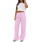 Exclusive Fashion Y2K Striped Straight Trousers Summer Elastic High Waist Wide Leg Pants For Women — Blue — Size L — Lifestyle View