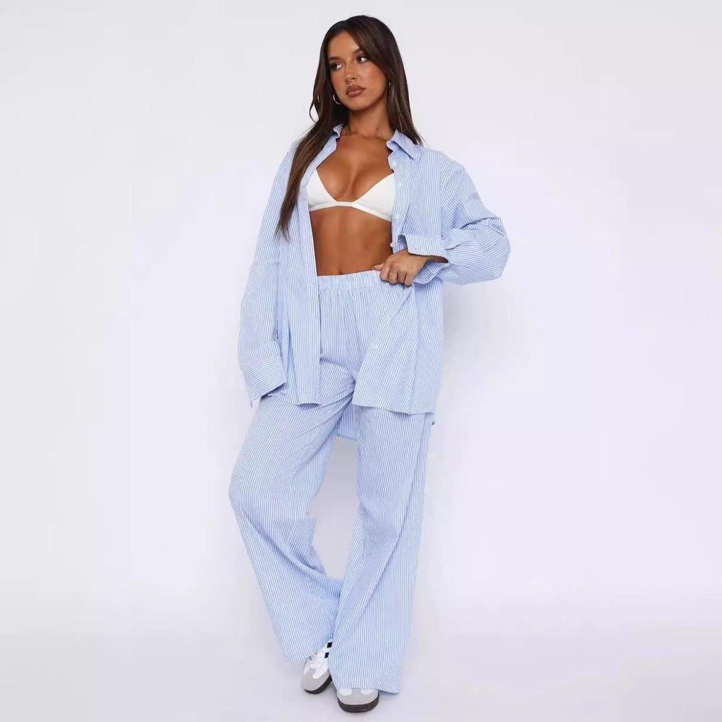 Exclusive Fashion Y2K Striped Straight Trousers Summer Elastic High Waist Wide Leg Pants For Women — Blue — Size L — Side View