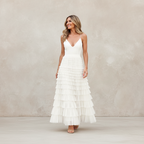 Exclusive Women's Layered Ruffle Mesh Maxi Skirt ? A-Line Tiered Cake Skirt for Party & Summer ? Khaki ? Size S ? Alternate View 7