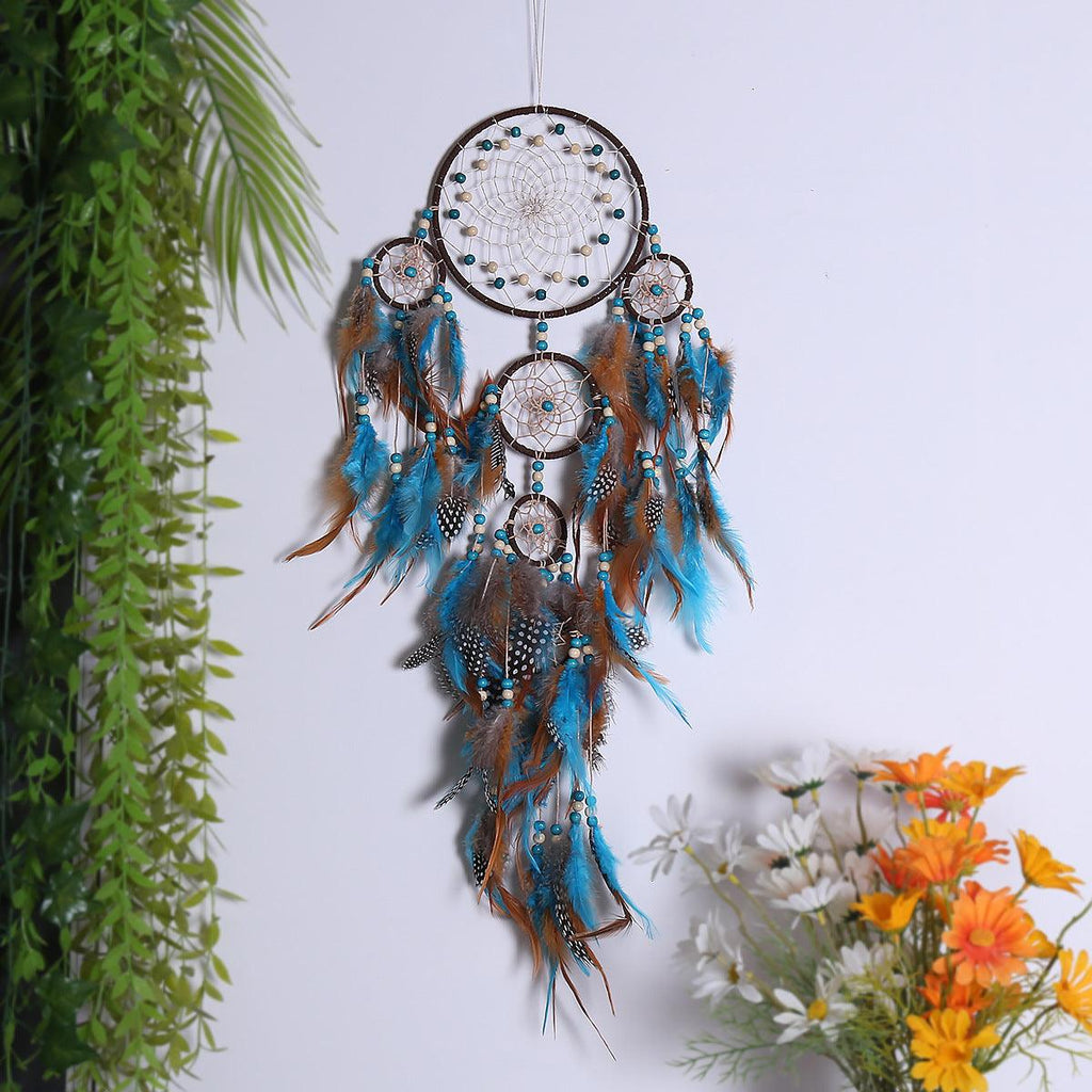 Exclusive Five Rings Dream Catcher Feather Pendant — Blue — Top View