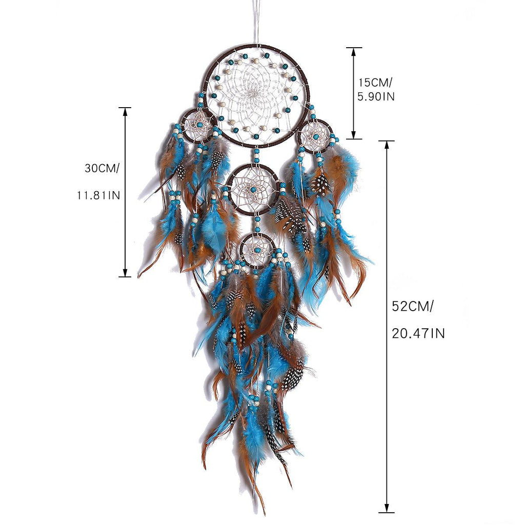 Exclusive Five Rings Dream Catcher Feather Pendant — Blue — Back View