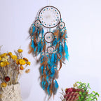 Exclusive Five Rings Dream Catcher Feather Pendant — Blue — Front View