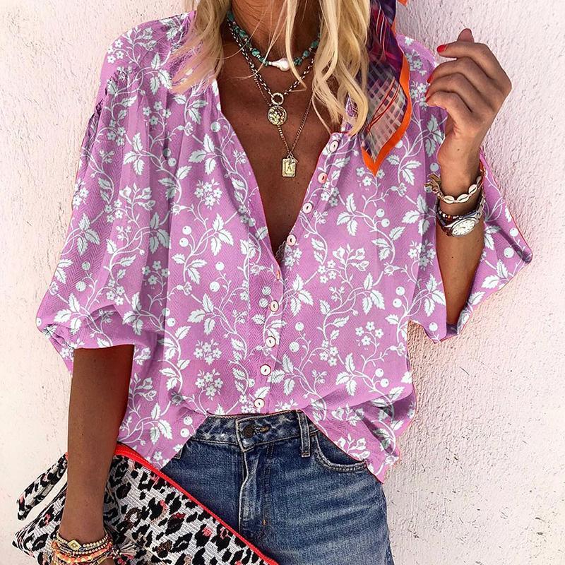 Exclusive Floral V-neck shirt — Blue — Size 3XL — Detail View