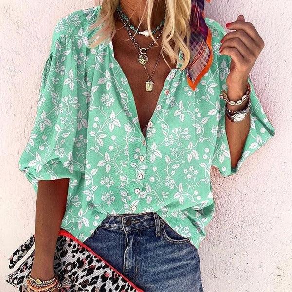 Exclusive Floral V-neck shirt — Blue — Size 3XL — Side View