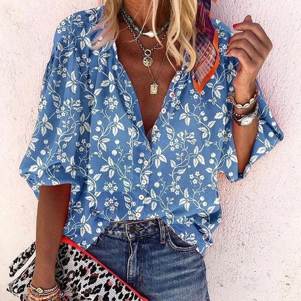 Exclusive Floral V-neck shirt — Blue — Size 3XL — Lifestyle View