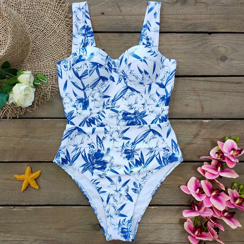 Exclusive Gather Thin Flab Hiding One-piece Ladies Swimsuit — White — Size 2XL — Back View