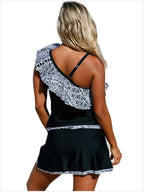 Exclusive Geometric Print Ruffled Beach Skirt Swimsuit — Black — Size 2XL — Side View