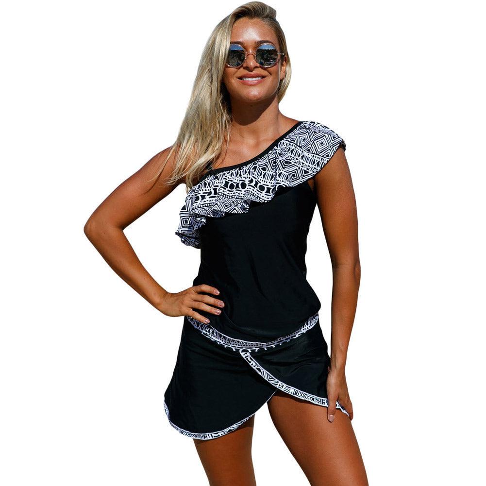 Exclusive Geometric Print Ruffled Beach Skirt Swimsuit — Black — Size 2XL — Lifestyle View