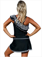 Exclusive Geometric Print Ruffled Beach Skirt Swimsuit — Black — Size 2XL — Back View