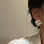 Exclusive Heavy-duty Texture Large Flower Earrings — Silver — Size 925 Silver — Back View