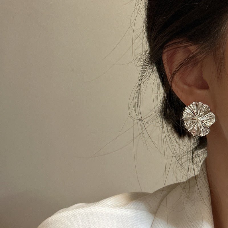 Exclusive Heavy-duty Texture Large Flower Earrings — Silver — Size 925 Silver — Back View
