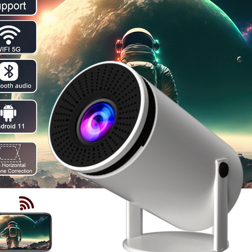Exclusive HY300 Home Projector – Portable 720p Smart Android Projector for Indoor & Outdoor Movies — White — Size AU — Front View