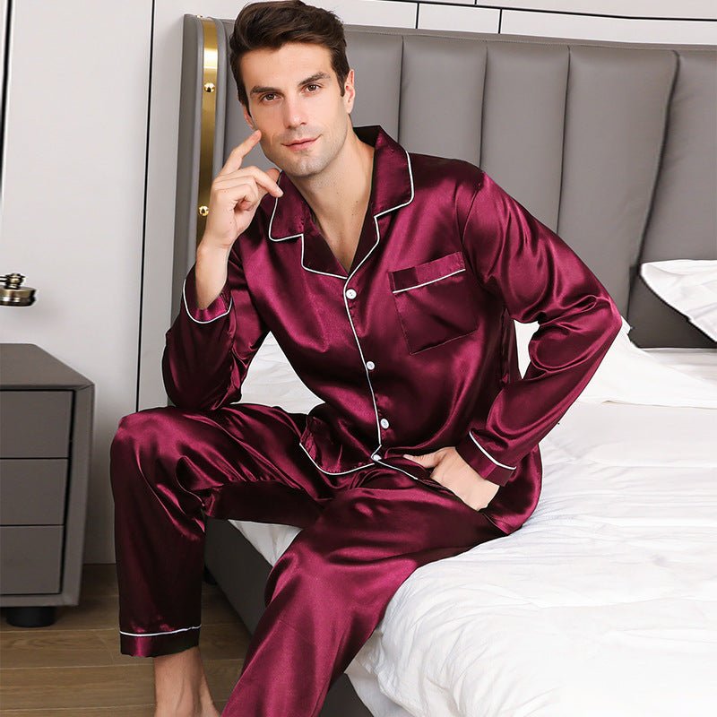 Exclusive Ice Silk Men's Long Sleeve Loose Plus Size Pajamas Suit — Black — Size M — Detail View
