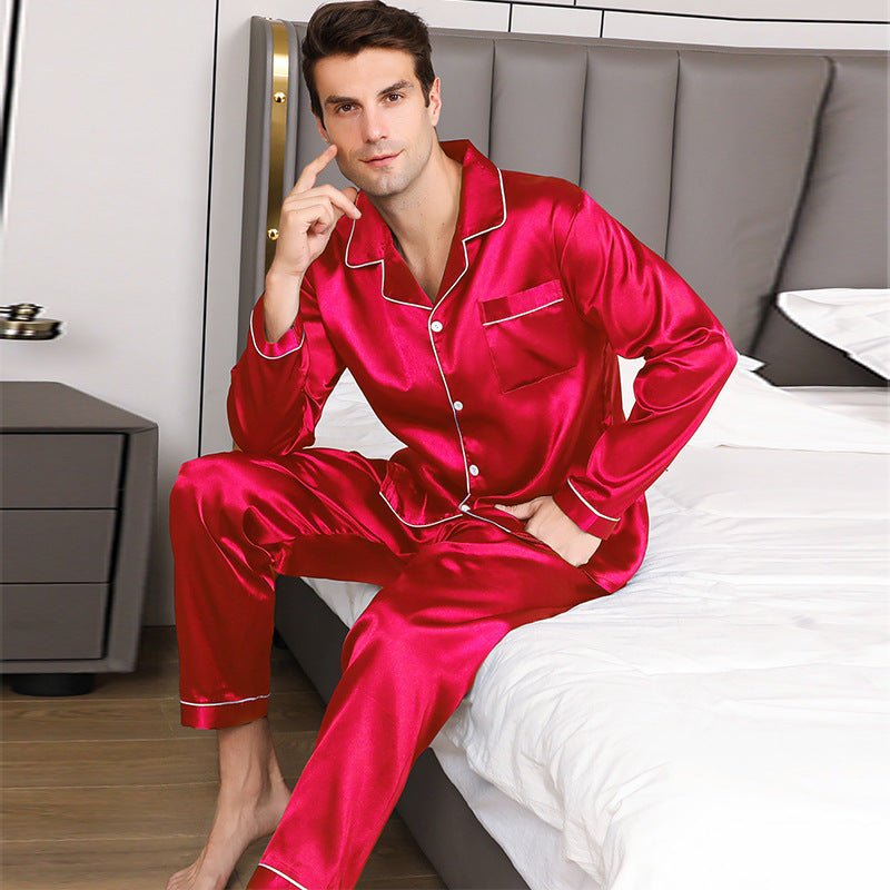 Exclusive Ice Silk Men's Long Sleeve Loose Plus Size Pajamas Suit — Black — Size M — Top View
