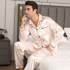 Exclusive Ice Silk Men's Long Sleeve Loose Plus Size Pajamas Suit — Black — Size M — Back View