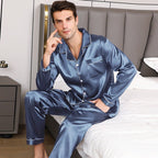 Exclusive Ice Silk Men's Long Sleeve Loose Plus Size Pajamas Suit — Black — Size M — Lifestyle View