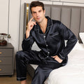 Exclusive Ice Silk Men's Long Sleeve Loose Plus Size Pajamas Suit — Black — Size M — Front View