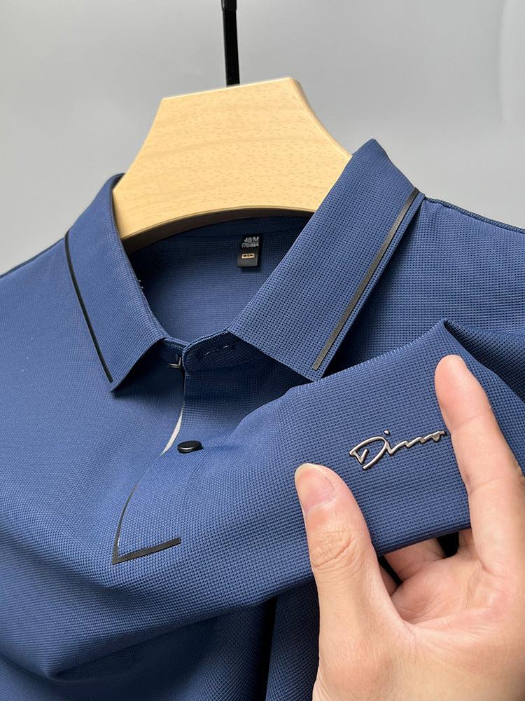 Exclusive Ice Silk Short Sleeve T-shirt Men's Shirt Collar Summer Polo Shirt Loose Clothes Split — Army Green — Size L — Detail View