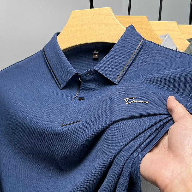 Exclusive Ice Silk Short Sleeve T-shirt Men's Shirt Collar Summer Polo Shirt Loose Clothes Split — Army Green — Size L — Side View