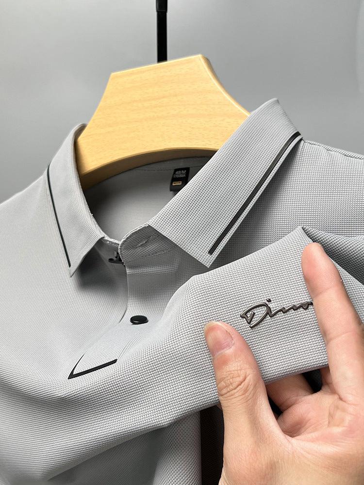 Exclusive Ice Silk Short Sleeve T-shirt Men's Shirt Collar Summer Polo Shirt Loose Clothes Split — Army Green — Size L — Back View