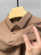 Exclusive Ice Silk Short Sleeve T-shirt Men's Shirt Collar Summer Polo Shirt Loose Clothes Split — Army Green — Size L — Lifestyle View