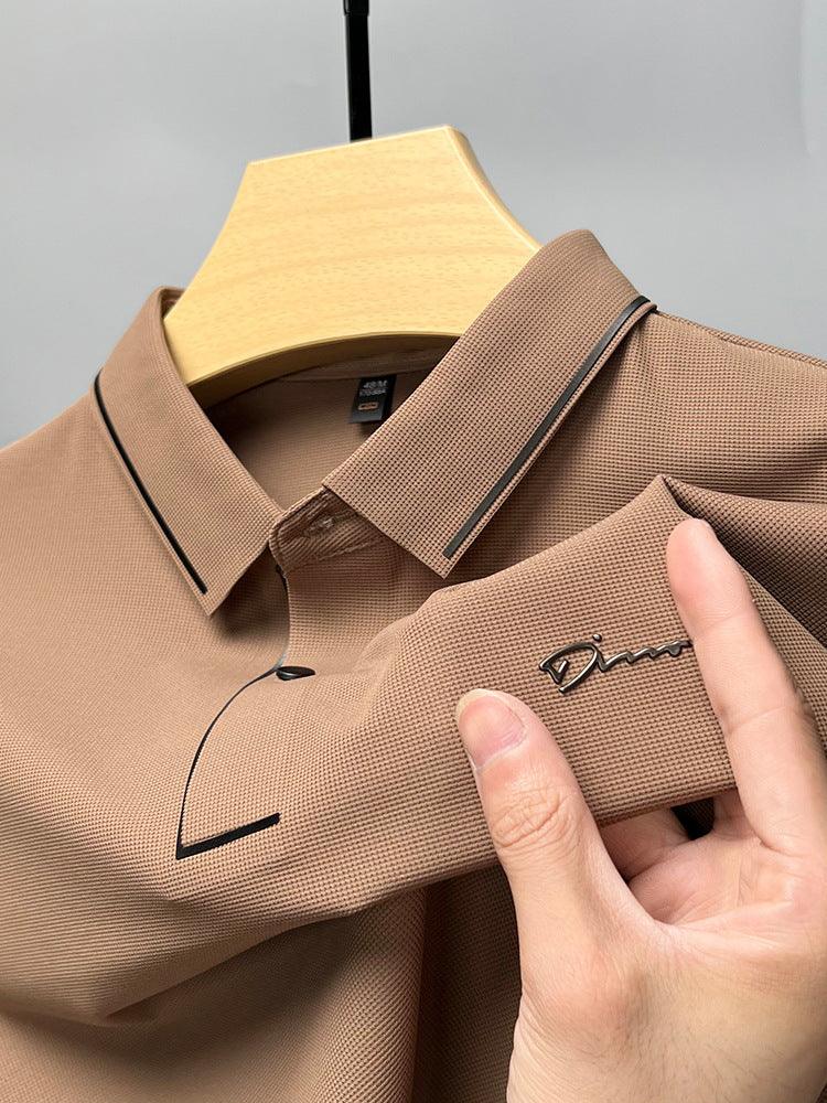 Exclusive Ice Silk Short Sleeve T-shirt Men's Shirt Collar Summer Polo Shirt Loose Clothes Split — Army Green — Size L — Lifestyle View