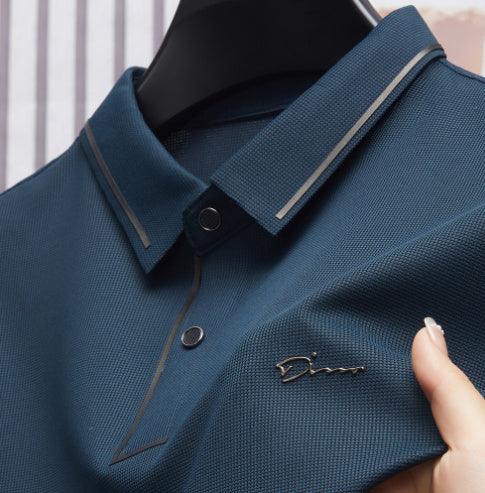 Exclusive Ice Silk Short Sleeve T-shirt Men's Shirt Collar Summer Polo Shirt Loose Clothes Split — Army Green — Size L — Front View