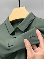 Exclusive Ice Silk Short Sleeve T-shirt Men's Shirt Collar Summer Polo Shirt Loose Clothes Split — Army Green — Size L — Top View