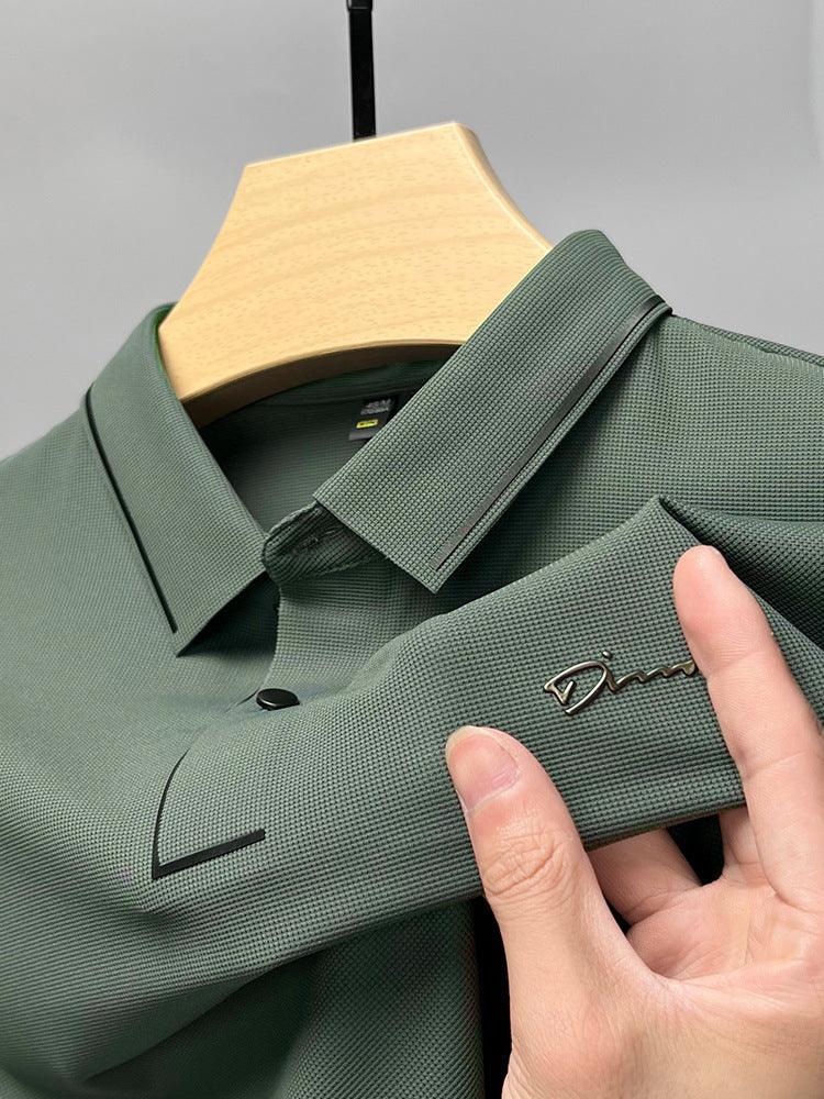 Exclusive Ice Silk Short Sleeve T-shirt Men's Shirt Collar Summer Polo Shirt Loose Clothes Split — Army Green — Size L — Top View