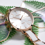 Exclusive Ladies Ceramic Diamonds Waterproof Quartz Watch — Rose Gold White — Top View